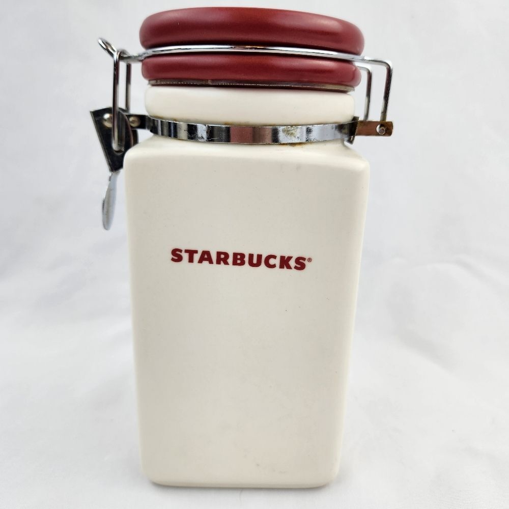 ☕️Starbucks Red & Ivory Holiday Distressed Snowflake Canister #3